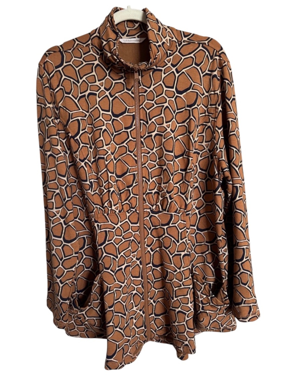 Soft Surroundings Giraffe Brown Gold Print Weekender Zip Up Front Jacket Size 1X